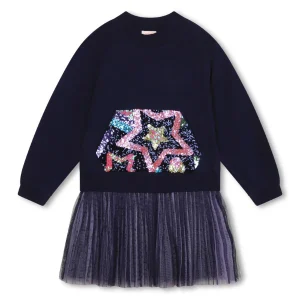 Abito Billieblush in felpa di colore blu con taschino in paillettes multicolor e plissè sul fondo