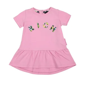 Abito Richmond di colore rosa con scritta sul davanti con arricciatura dalla vita