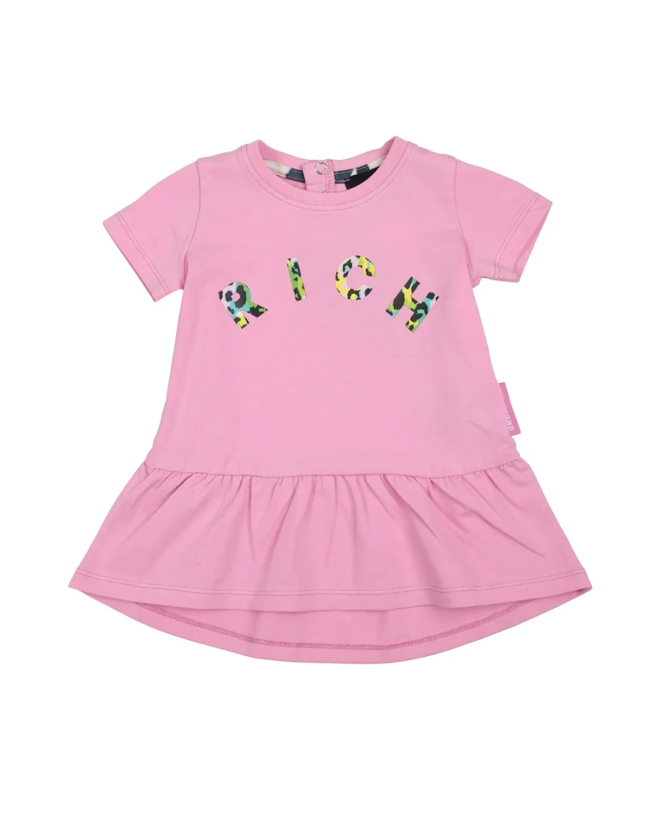 Abito Richmond di colore rosa con scritta sul davanti con arricciatura dalla vita