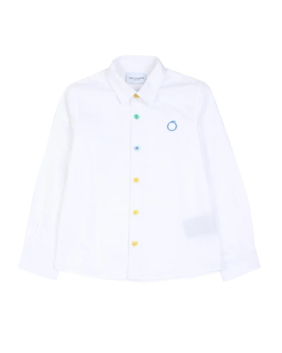 Camicia Trussardi di colore bianco con bottoncini colorati sul davanti e scritta ricamata sulle spalle