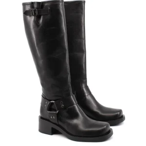 Chiara Formentini Stivale Biker gambale alto punta quadrata - vera pelle nera