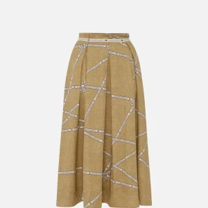 Gonna in cotone con stampa rafia e nastro