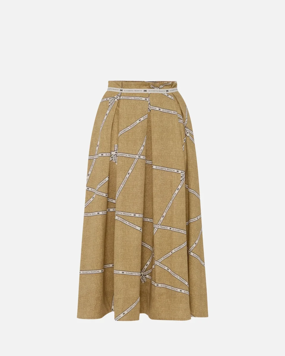 Gonna in cotone con stampa rafia e nastro