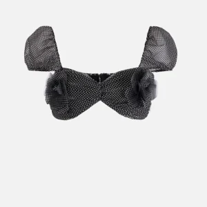 Top in tulle con stampa pois e fiore ricamato