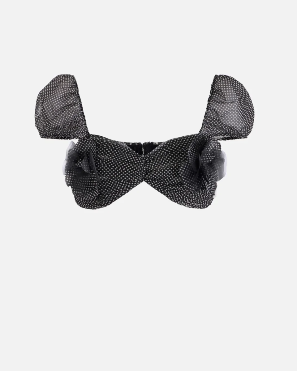 Top in tulle con stampa pois e fiore ricamato