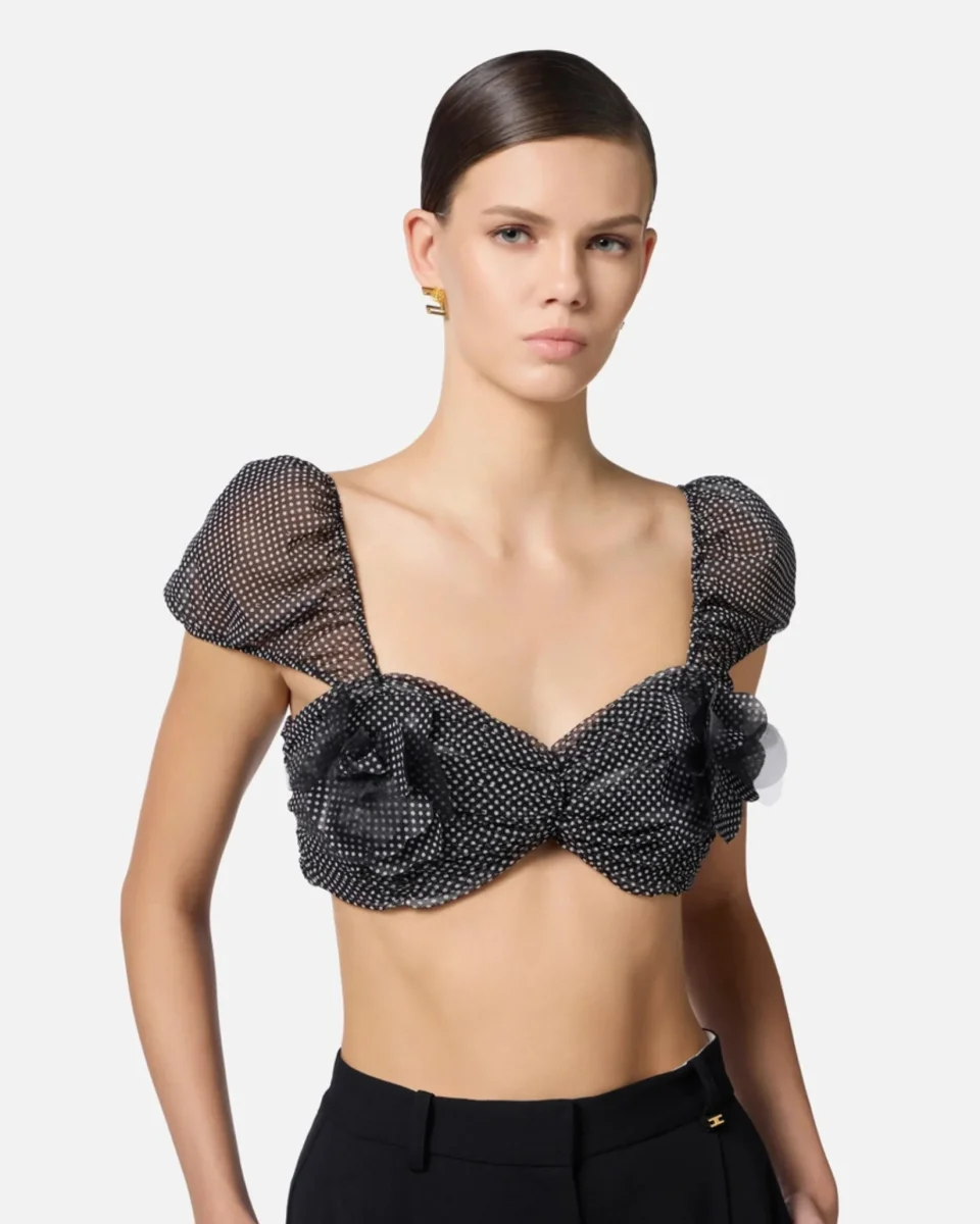 Top in tulle con stampa pois e fiore ricamato - immagine 4