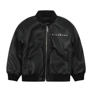Bomber Richmond nero in pelle con zip piccola scritta davanti e scritta bianca sul retro