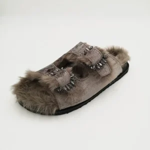 Coral Blue Slipper fibbia gioiello in eco pelliccia sintetica - grey