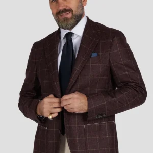Giacca in pura lana overcheck bordeaux/camel