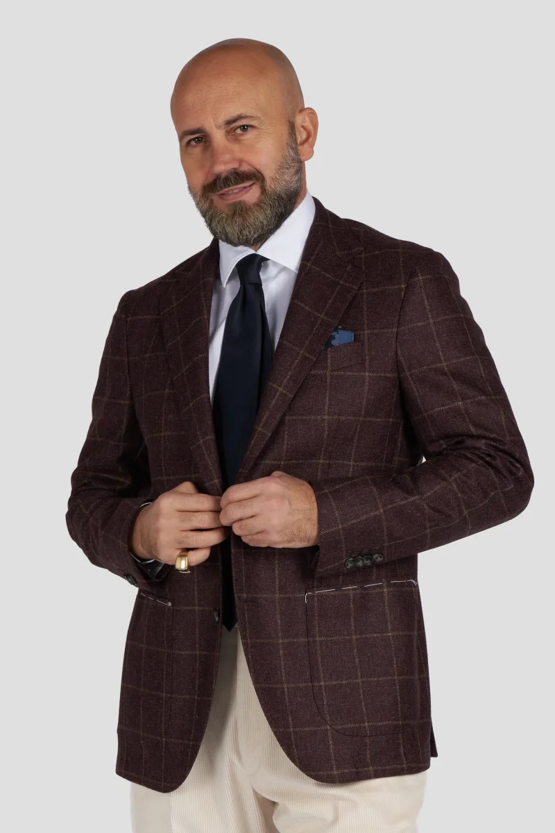 Giacca in pura lana overcheck bordeaux/camel