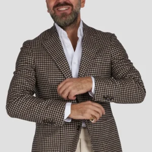 Giacca in lana seta e cashmere quadretto testa di moro/sabbia