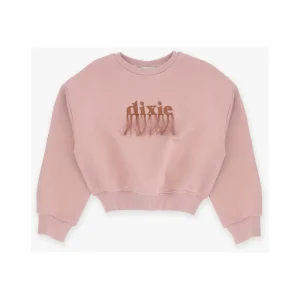 Felpa girocollo Dixie rosa cipria con logo con frange