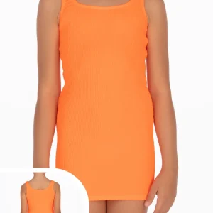 Abito F**K fuori acqua in tessuto lycra crepe color arancio fluo