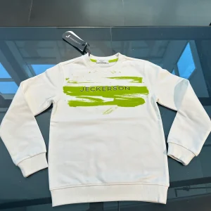 Felpa jeckerson bianca con scritta nera e sfumatura lime