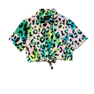 Camicia Richmond crop a manica corta con fantasia maculata multicolor con nodo sul fondo