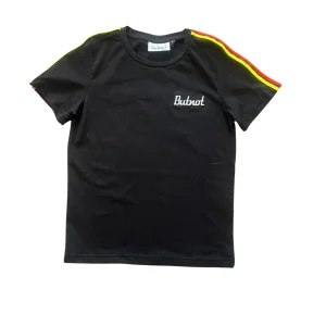 Tshirt ButNot nera con logo bianco sul davanti e righe fluo sulle spalle