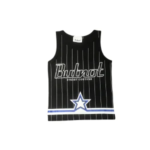 Tshirt a canotta ButNot nera con righe bianche e scritta sul davanti bianca e righe con stella sul fondo