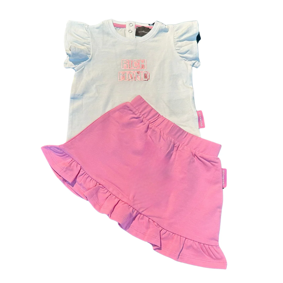 Completo Richmond con tshirt bianca e gonna con rouches sul fondo di colore rosa - immagine 2