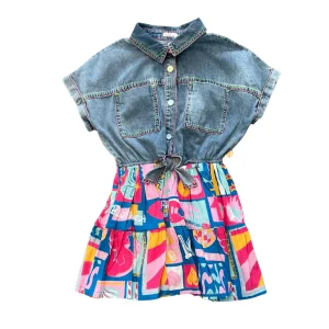 Abito Billieblush in jeans con gonna fantasia multicolor
