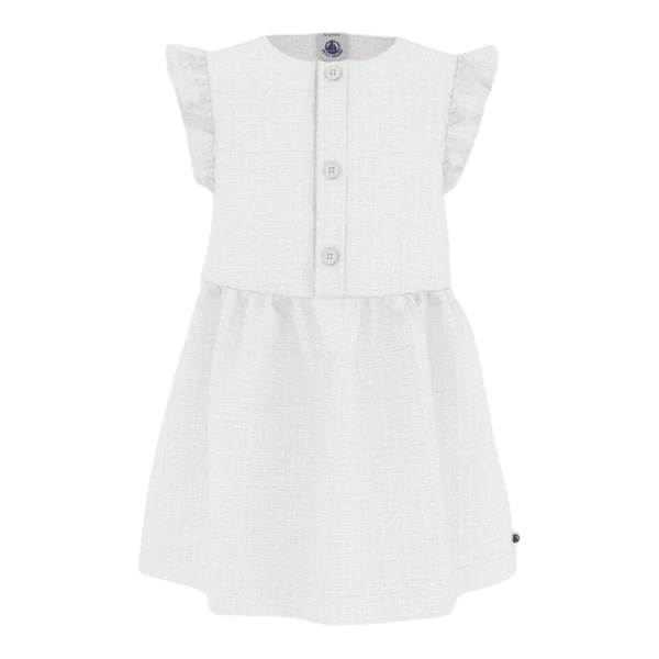 Abito Petit Bateau di colore bianco con bottoncini sul davanti e volant sulle spalle