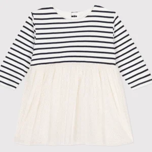 Abito Petit Bateau a manica lunga a righe con tulle sul fondo bianco