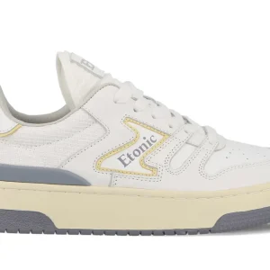 Etonic Sneakers B481 in pelle bianca, mesh bianco, dettaggli gialli, beige e grigio fumo