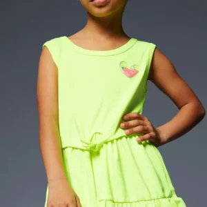 Abito Billieblush giallo fluo a costine smanicato con nodo in vita