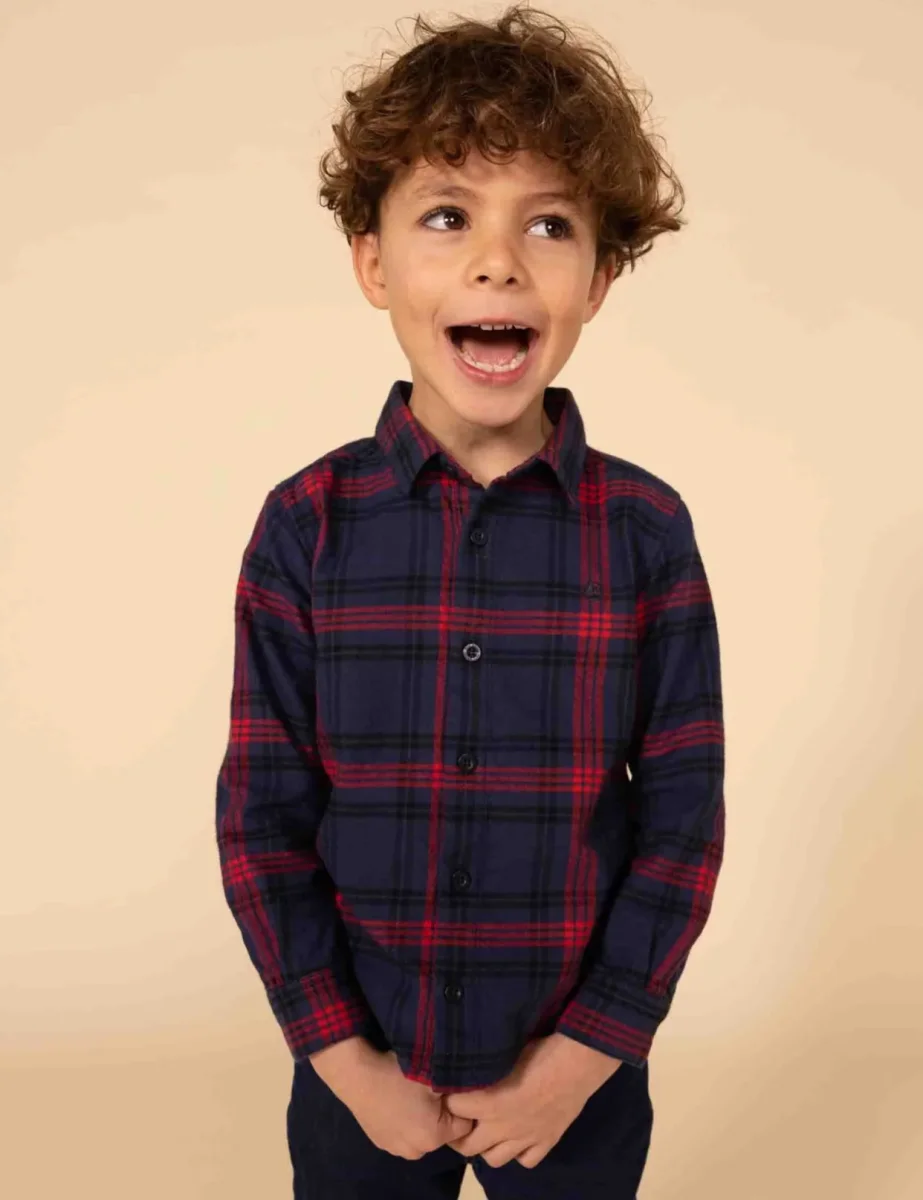 Camicia Petit Bateau a quadri in flanella di cotone con collo coreana