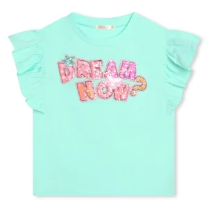 Tshirt Billieblush di colore verde acqua con giromanica con rouches e con scritta sul davanti con pailettes colorate