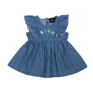 Abito Richmond in jearsy di jeans con piccola scritta colorata sul davanti e rouches sul giromanica