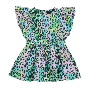 Abito Richmond smanicato con rouches sul giromanica con fantasia maculata multicolor