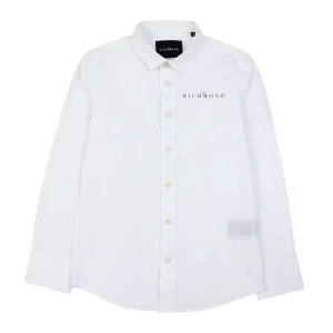 Camicia Richmond bianca piccola scritta nera sul davanti lato sinistro e scritta sui bottoni
