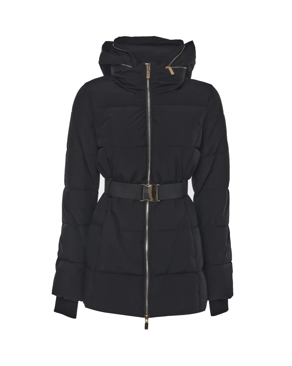 Piumino corto con collo alto e cintura