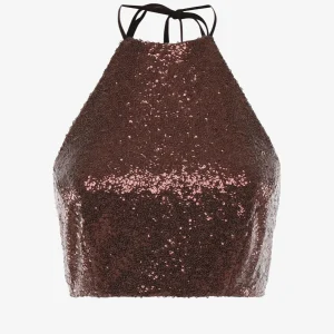 Top cropped con collo america in paillettes