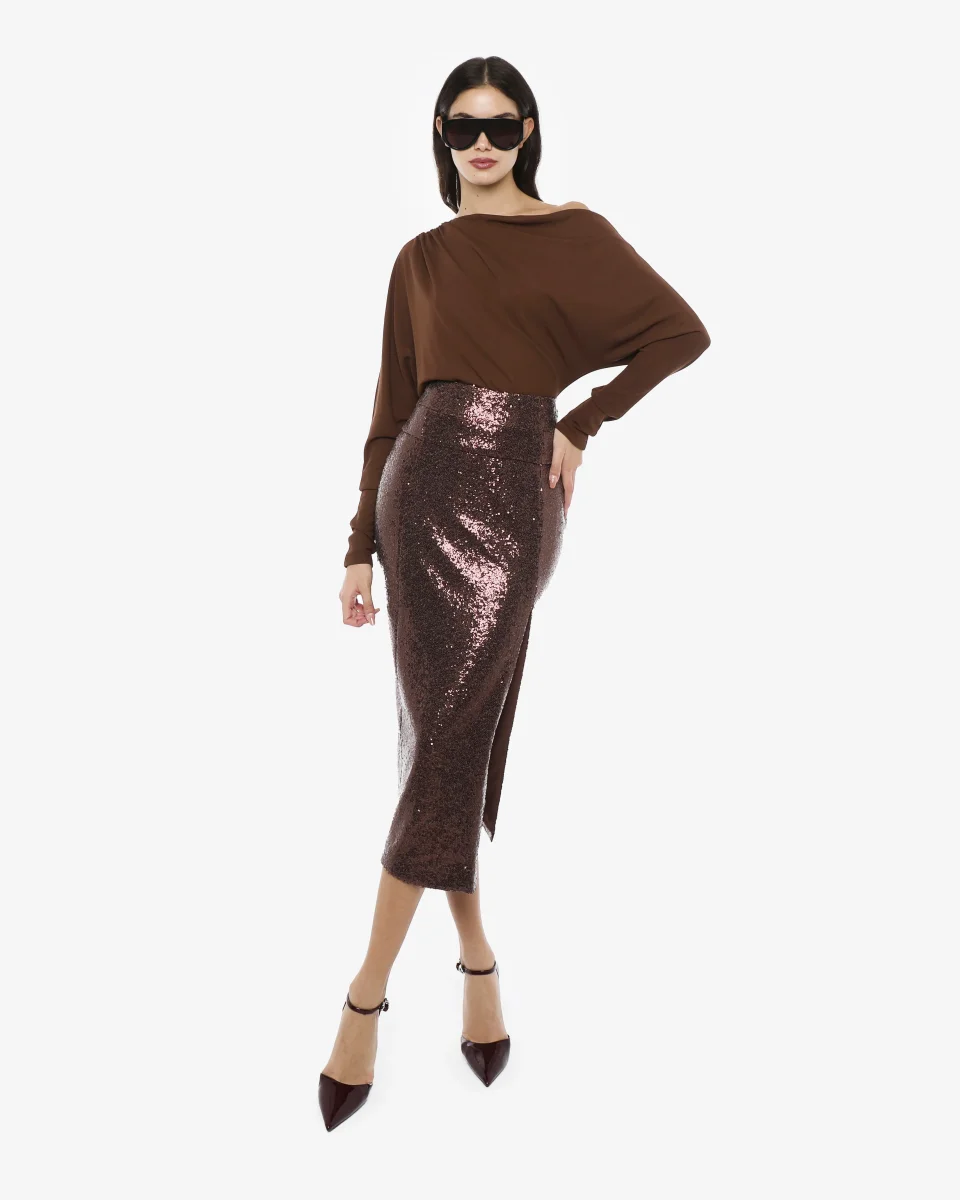 Gonna midi in paillettes a vita alta con spacco - immagine 4