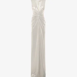 Abito lungo con scollo a V profondo in jersey metallizzato