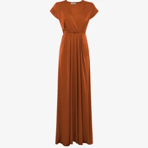 Abito lungo manica corta con scollo a V in satin