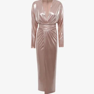 Abito lungo con scollo a V in jersey metallizzato