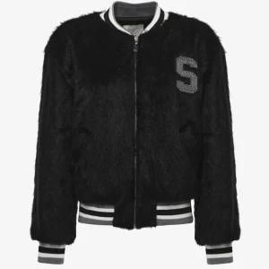 Bomber college in ecopelliccia con patch e strass