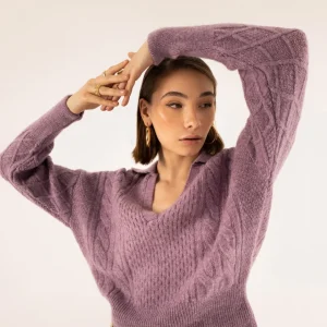 Pullover in maglia a trecce scollo a v con colletto