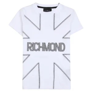 Tshirt Richmond bianca con scritta e bandiera tono su tono sul davanti