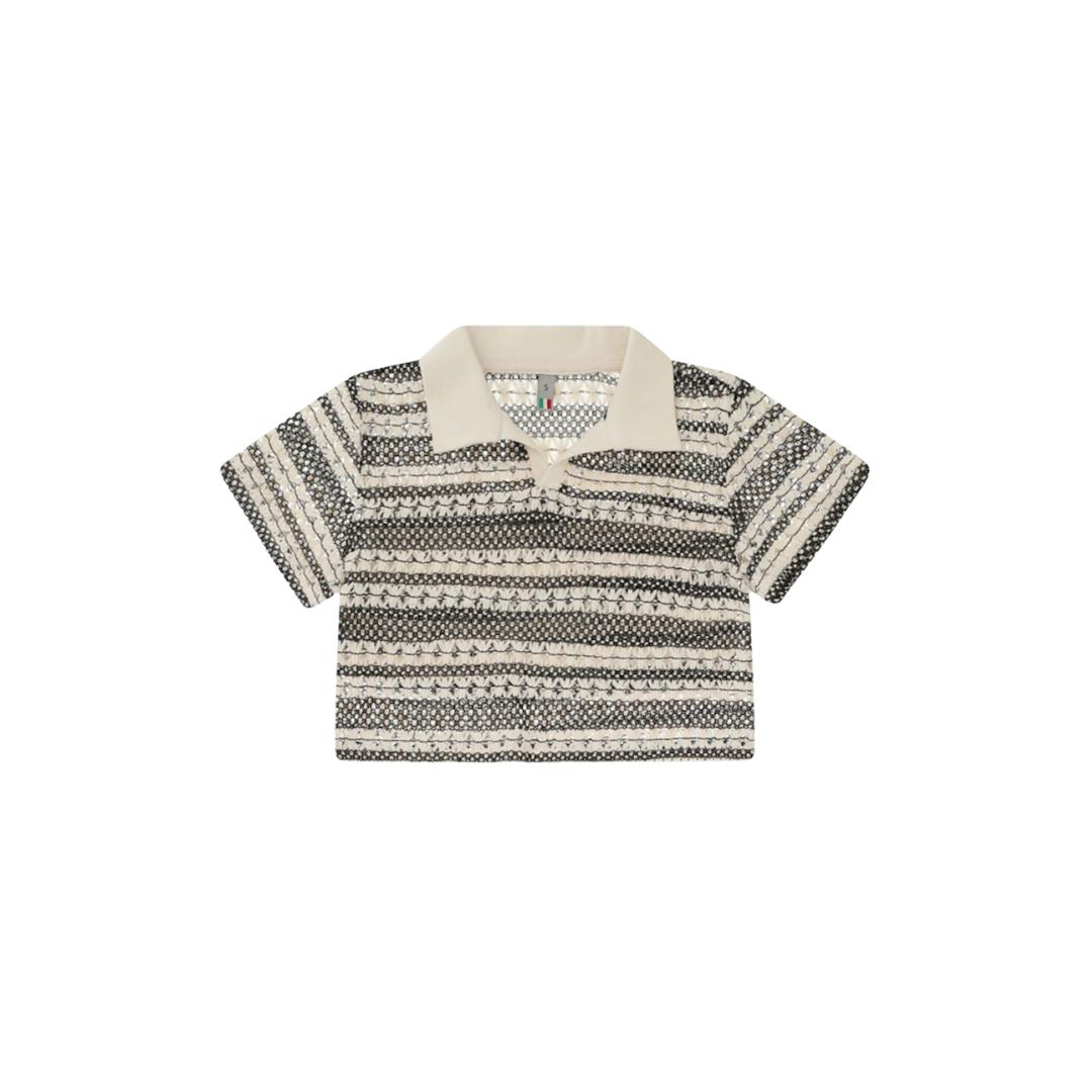 Tshirt Dixie crochet crop bianca e nera con collo in maglia - immagine 2